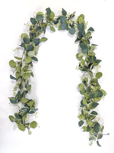 HanYun 2 Stück Künstliche Eukalyptus Girlande mit Weißen Blumen Blätter Girlande Hängende Eukalyptus Blätter für Hochzeit Vintage Tischdeko Home Baddekorationen Party
