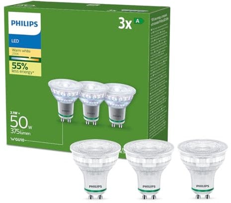 Philips Classic ultraeffiziente GU10 LED Lampe, 50W, warmweiß, 3-er Pack