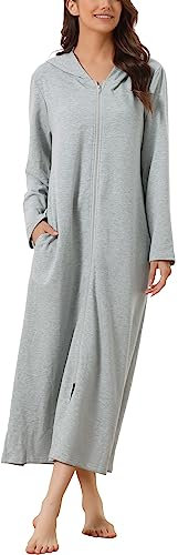 cheibear Damen Robe mit Reißverschluss vorne und Kapuze Hauskleid Nachthemd Hausmantel Kapuzenpullover langer Loungewear Bademantel Grau L