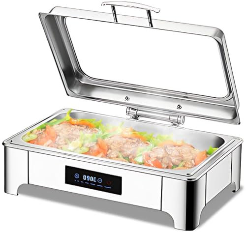 VFDZ Chafing Dish Elektrisch 9L, Catering Warmhaltebehälter Smart-Temperaturanpassung, Rechteckiger Chafing Dish Set Speisenwärmer mit Sichtbarem Glasdeckel (B, Full PAN)