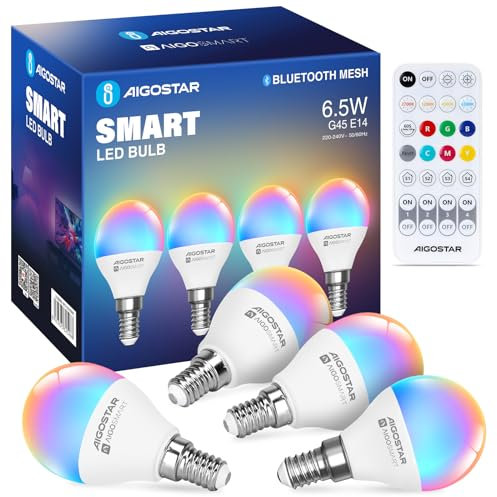Aigostar Mesh - Lampadina Smart Alexa Bluetooth 6.5W G45 E14 LED, RGB & 2700K-6500K, 555LM, 4 Unità (Con Telecomando Bluetooth)