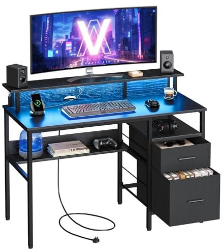 VASAGLE Schreibtisch mit Stoff-Schubladen, Computertisch mit Monitorständer, LED-Beleuchtung, 55 x 120 x 90 cm, eingebaute Steckdosen, 2 USB-Anschlüsse, für Homeoffice, ebenholzschwarz LWD093B01