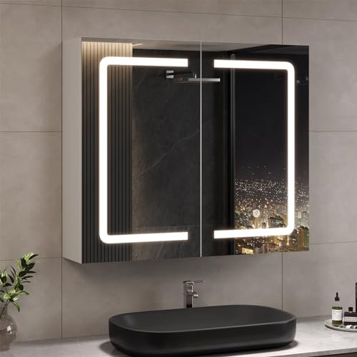 DICTAC Armoire de Salle de Bain avec Miroir et LED éclairage 70x16x60cm Armoire de Toilette Miroir avec Prise et Étagère Réglable,Meuble Pharmacie Salle de Bain,Température de Couleur Réglable,Blanc