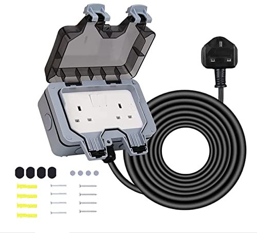 Outdoor Corded Sockets, IP66 Waterproof Socket with Cable, Weatherproof Outdoor Plug, Double Switched Socket Kit with Lockable Cover, Extension Cord