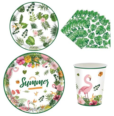 68 Pcs Hawaiian Party Tableware Set for 16 Guests, Tropical Palm Leaf Paper Tableware Set Luau Party Plates Cups and Napkins Party Supplies Hawaiian Dinnerware for Summer Beach Birthday Party Decor