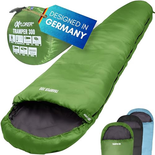 EXPLORER® Tramper 300 Schlafsack Grün -16°C +13°C [300g/m²] 3 Jahreszeiten Leichter Mumienschlafsack für Erwachsene[1500g] 230x80x55cm kombinierbar für Outdoor, Camping, Trekking und Reisen