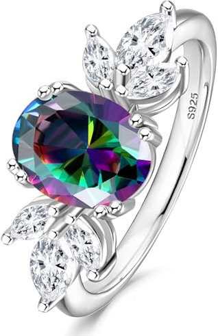 Yaresul Verlobungsring Damen 925 Sterling Silber Ring Ovaler Bunter Zirkonia Cluster Verlobungsring, Ring Silber 925 für Damen, Versprechensring Größe 57(18.1)