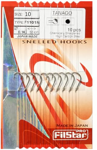 PRO FILSTAR Set di 10 Ami da Pesca Legati TANAGO N10 Filo da Pesca Monofilo | DIA 0,14mm 50cm - Monofilamento - Articoli - Accessori - Attrezzatura Completo - Fishing Hooks Sport Set - Carpfishng Kit