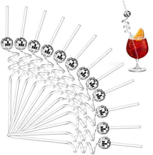 YFHUVB 12Pcs Reusable Straw, Mirror Disco Ball Straws, Reusable1970s Disco Decorative Disco Party Straws, Cocktail Straws, Disco Theme Straws for Disco Themed Party Decorations Wedding Birthday