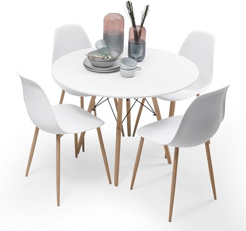 Homely - Conjunto de Comedor Tower Cairo Nordic White 100 | Mesa + 4 sillas | Comedor, Salón, Cocina, Sala | Mesa Redonda Color Blanco | 100 cm diámetro | 4 sillas Color Blanco