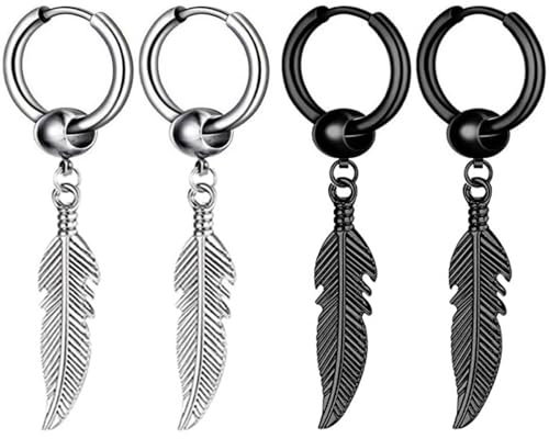 Kawailay Feder Creolen Ohrringe Edelstahl - Rock Punk Hängend Huggie Ohrstecker für Herren - Silber Schwarz Stil 1