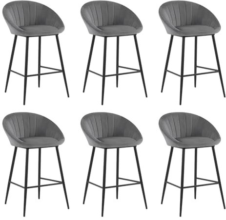 EUGAD Barhocker 6er Set, Barstühle gepolstert, Küchenhocker Samt, Küchenstühle mit Metallbeinen, hoher Hocker mit Lehne Fußstütze, für Bar Café Tresen Küche Wohnzimmer,dunkelgrau, 1079BY-6