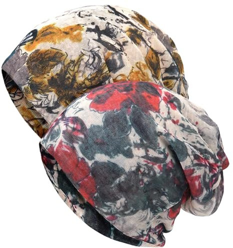 XYIYI Damen Mütze Chemo Hut Slouchy Kopfbedeckungen Kopf Wraps Krebshüte (2Stück Tinte Blume Grau Rot)