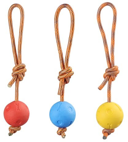 QWORK Lot de 3 jouets en corde pour chien, balle sur corde de 6 cm, balles pour chiens, balles élastiques en caoutchouc solide pour rapporter, attraper, lancer