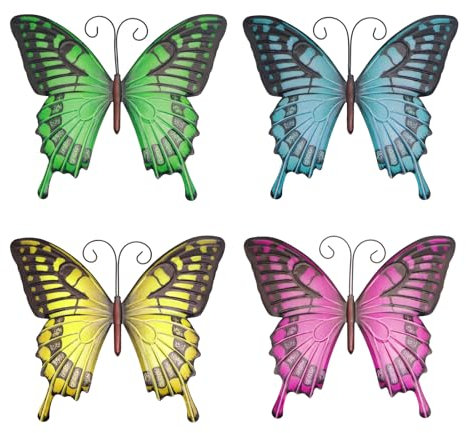 TAIYOU 4 Stück 9.8 Zoll Metall Großes Schmetterling Wanddekoration 3D Vintage Schmetterling Abnehmbare Wandbehang Wanddekoration Metall Gartendekoration für Balkon Wohnzimmer Schlafzimmer Garten