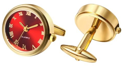 Silverora Uhren Herren Manschettenknöpfen Taschenuhr: Runde Analog Quarz Manschettenknopfuhr mit Römische Ziffernskala Hemdknöpfe Hemdmanschetten Geschenke für Männer Hochzeit Business rot Gold
