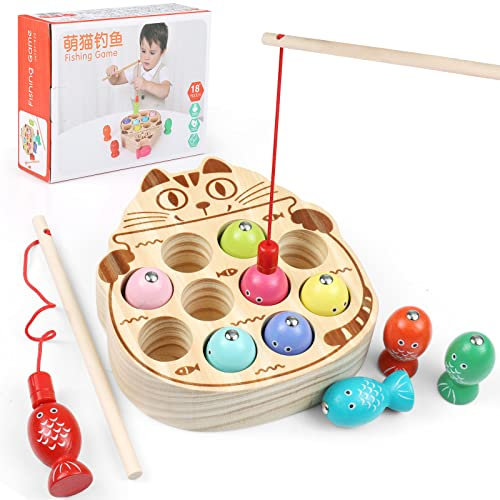 WolinTek Kinder Holzspielzeug Angelspiel,Montessori Lernspielzeug Spielzeug, Magnetische Angelspiel,10 Stück Angelspiel Lernspiele Geschenk für ab 2 Jahre Junge Mädchen