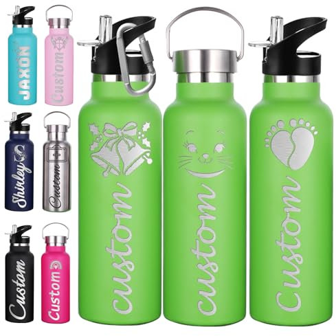 Akmxem Personalisierte Trinkflasche Kinder Gravur Wasserflasche mit Namen 350ml 750ml Personalisiert Edelstahl Thermosflasche mit Strohhalm Deckel für Schule BüRo Sport