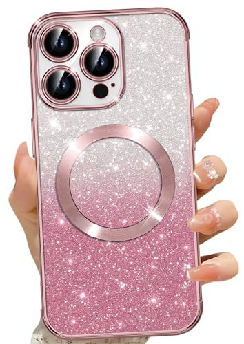 Phoona Cover Magnetica per iPhone 16 Pro Max 6,9, Glitter Custodia Compatibile con MagSafe, Anti Graffi, Non Ingiallente, Brillantini Protezione Case iPhone 16 Pro Max, con 2 Vetro Temperato, Rosa