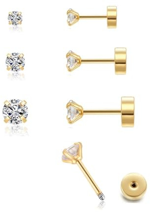 CZ Stud Earrings 14K Gold,Flat Screw Back Cubic Zirconia Earrings Helix Earrings Cartilage Tragus Piercing Jewelry Gift for Women (2MM/3MM/4MM)