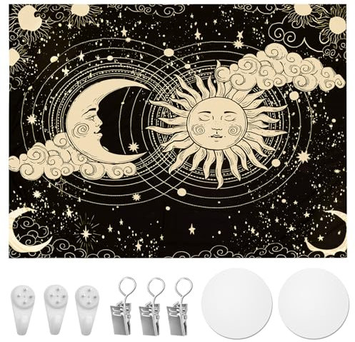 EUIEUT Wandteppich Mond und Sonne Wanddeko 150*130cm Wandtuch Wandbehang Wanddeko Wohnzimmer Schwarz Gold Wandteppich Wand Deko Teppich mit Montagezubehör Wall Tapestry Schlafzimmer Hängend Wanddeko