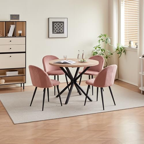 DEYARNA HOME Essgruppe Set Tisch und Stühle, Esstisch und 4 Stuhl, Samt-Esszimmerstühle, Tischplatte aus MDF, Schwarze Tischbeine, Moderner Küchentisch Set (Helle Holzfarbe/Rosa, 100 * 100 * 76.5cm)