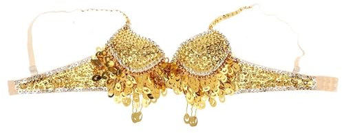 MZPOZB Paillettenbesetztes BH-Top Glitzerndes Damen-BH-Top mit Pailletten und Perlen, sexy Quasten-Crop-Top for Festivals, Raves, Tanz, Clubwear, Bauchtanz-BH-Outfit Glitzer Body Damen(Gold)