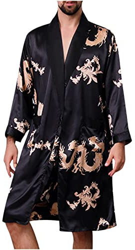 RLEHJN Silk Dressing Gown for Men UK Satin V-Neck Bath Robes Chinese Dragon Printed Kimono Dressing Gowns Long Sleeve Loungewear Lightweight Nightgown Bathrobe Sleepwear for Spring, Summer and Autumn