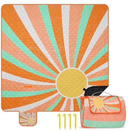 COZCLAM Picknickdecke Wasserdicht, 200x200cm Picnic Blanket, Tragbare Picknickdecke Baumwolle, Stranddecke Sandfrei, Waschmaschinenfest, Isoliert, Ideal für Strand, Picknick, Camping (Sonne)