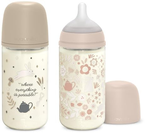 Suavinex, Pack Biberons en Verre de 240 ml. Biberon avec Tétine Symétrique SX Pro en Silicone, Anticoliques, Biberon avec Tétine à Débit Moyen (M), Pour Bébés +3 Mois, Wonderland Rose, Beige