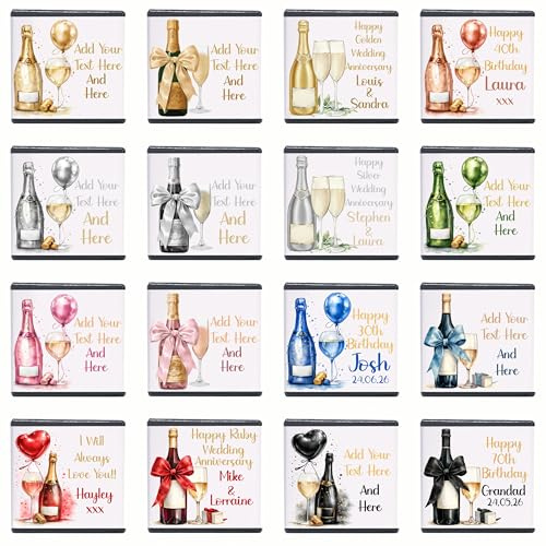 Personalised Champagne Chocolate Neapolitan Squares Congratulations Well Done Get Well Soon Thank you Anniversary Birthday Wedding Hen Party Favour Custom Own Design (25, Black Foil)
