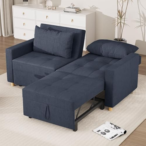YODOLLA 2-Seater 3-in-1 Convertible Sofa Bed Sleeper, Pull Out Couch Bed with Adjustable Backrest, forfor Living Room Apartment Bedroom-Blue