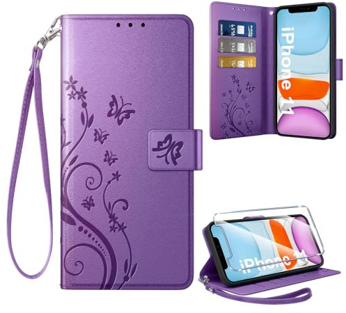 Coiwxmoi Cover per iPhone 11 + 1 Vetro Temperato, Retro Design Premium in Pelle PU Portafoglio Custodia Slot per Schede Flip Cover per iPhone 11, Viola