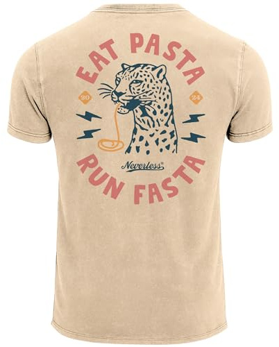 Neverless® Herren Vintage T-Shirt Backprint Eat Pasta Run Fasta Leopard Grafikshirt Printshirt Aufdruck Used Look Fashion Männer Natur S