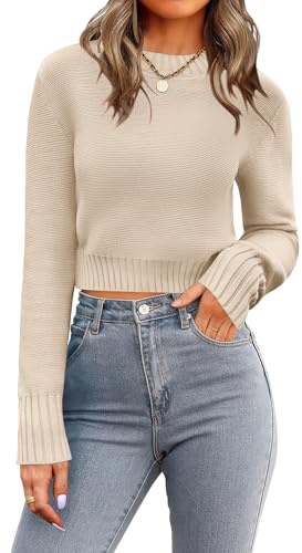 Zeagoo Pullover Damen Kurz Strickpullover Rundhals Langarm Strickpulli | Herbst Winter Pulli | Casual Einfarbig Gestrickt Obertiele | Elegant Cropped Pullover | Breiten Rippbündchen | XS-XL