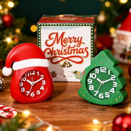AYRELY® Sveglia natalizia Set di 2 orologi da tavolo con cappello di Babbo Natale e albero di Natale, silenziosi, senza ticchettio, funzionamento a batteria, per camera dei bambini, soggiorno o