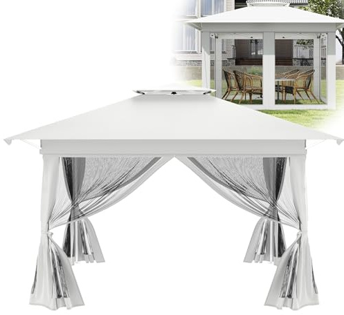 HENGMEI Tonnelle de jardin, 4 x 4 m, bâche de protection à double étages, pop-up en métal, pliable, avec 4 moustiquaires, panneaux latéraux, arrière-cour, pergola, pour fête, stand de marché, blanc