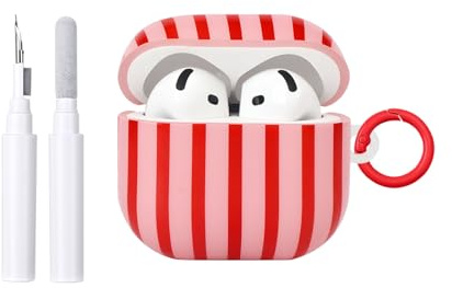 Reownest Kompatible für AirPods 4 Hülle mit Reinigungsset, Süßes Striped Muster Gestreifte Ästhetische Design, Stoßfeste und Kratzfeste TPU Schutzhülle mit Schlüsselanhänger Frauen Mädchen-Rot