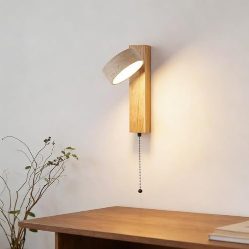 NOCHX Wabi Sabi Stil Travertin Stein Wandleuchte Innen 180° Drehbare Holz Wandlampe LED 9W Warmes Licht Japanische Deko Für Schlafzimmer Wohnzimmer Flur Hotel Café(Wood color with drawstring)