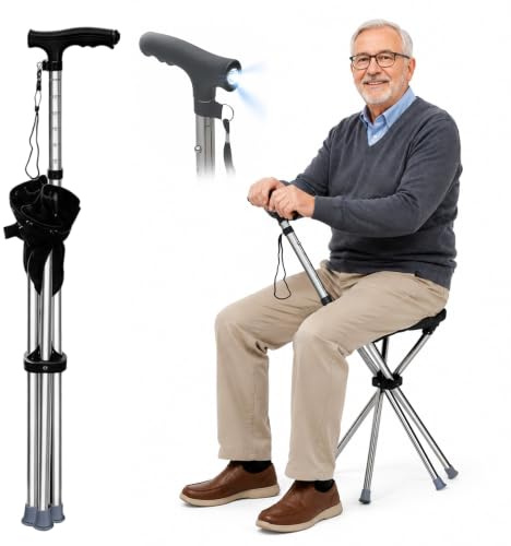 Gehstock mit Sitz & LED-Taschenlampe, 74-96cm Höhenverstellbar, Klappbar Gehhilfe für Senioren, Tragkraft 150kg, Ideal für Alltag, Wandern & Outdoor (Batterien Nicht Enthalten)