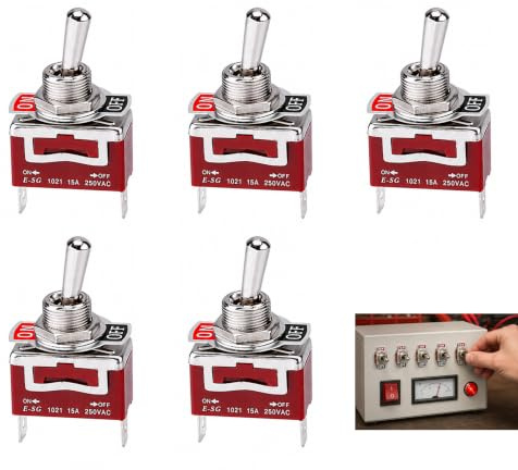 5 Interrupteur à Bascule, Interrupteur on off 2 Positions, 220V/12V Interrupteurs Métalliques avec Capuchon Résistant aux Intempéries, Montage 12mm, 15A, Idéal pour Automobiles, Bateaux, Électriques