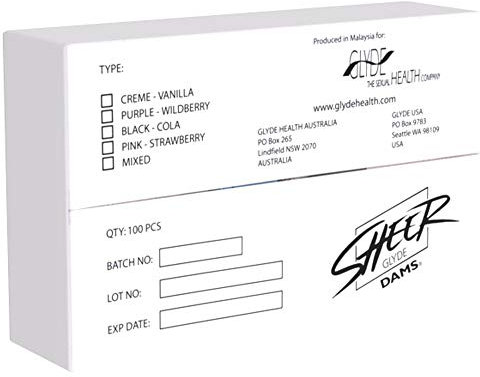 Sheer Glyde Dams MIX - 100 Latex-Schutztücher - 4 x 25 Lecktücher (Cola, Strawberry, Vanilla, Wildberry)