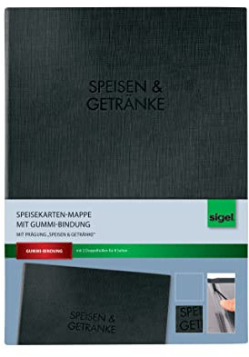 SIGEL SM116 Speisekarten-Mappe mit Gummi-Bindung für A5, schwarz mit edler Leinenstruktur, strapazierfähig und leicht abwischbar