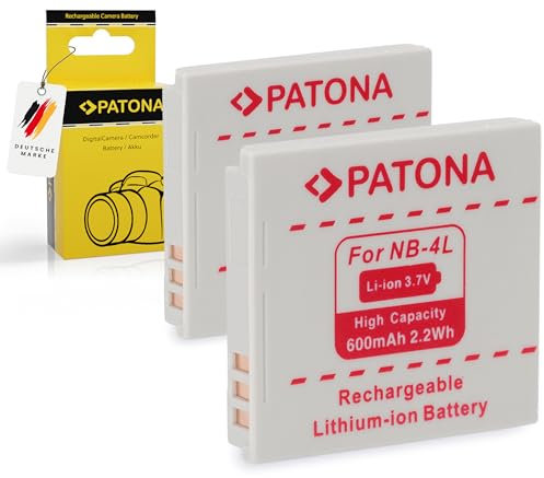 PATONA 2X NB-4L Akku 600mAh Ersatzakku kompatibel mit Canon Digital Ixus 30 40 50 70 75 100 110 115 130 is 220 HS 265 PowerShot SD 30 200 400 450 750 ELPH 100 300 310 330 HS LEGRIA Mini VIXIA NB4L