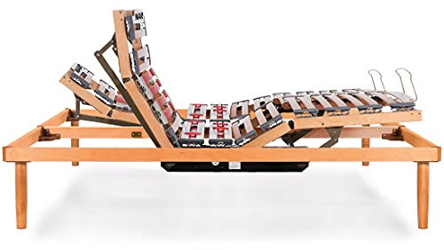 Marcapiuma Rete a Doghe Motorizzata Matrimoniale 160x190 alta 35 cm Modello Nature Med Legno di Faggio Naturale Telecomando Wi-Fi Regolazione Lombare 4 Piedi Legno di Faggio Ortopedica Made in Italy