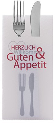 Sovie HORECA Besteckserviette „Herzlich Willkommen & Guten Appetit“ in Bordeaux aus Linclass® Airlaid 40 x 40 cm, 1/8 Falz, 100 Stück – mit Besteckschlitz & edlem Design für Events