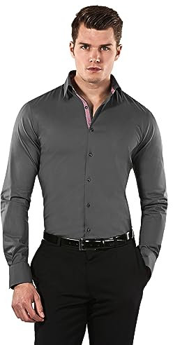 Vincenzo Boretti Herren Hemd Body-fit (besonders Slim-fit tailliert) Uni bügelleicht dunkelgrau/weinrot 43-44