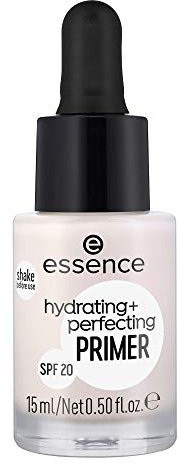 essence hydrating + perfecting primer, Grundierung, transparent, pflegend, schützend, LSF 20, UVA, UVB filter, porenlos, transluzent, vegan, ölfrei, mit Sonnenschutzfaktor, mit LSF (15ml)