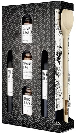 Wajos Geschenk Box für Küchenchefs: 5 Produkte + Kochlöffel zum Kochen für Anfänger, Kochbox mit Öl- & Essig- Gewürz-Kreationen
