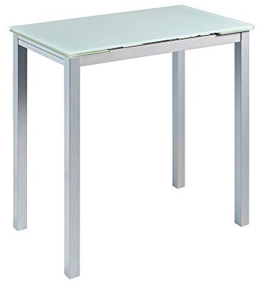 MOMMA HOME Mesa de Cocina Extensible - Modelo CALCUTA Alta - Color Blanco/Plata - Material Cristal Templado/Metal - Medidas 140 x 60 x 98 cm